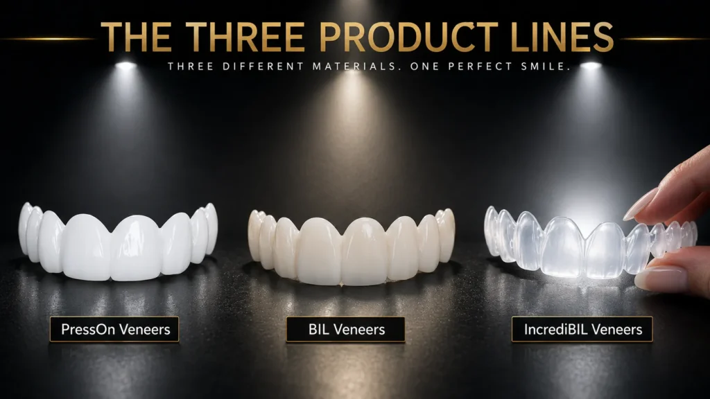 The Three Product Lines PressOn Veneers, BIL Veneers, and IncrediBIL Veneers