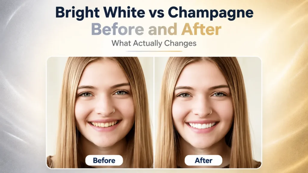 Shiny Smile Bright White vs Champagne Veneers Before and After